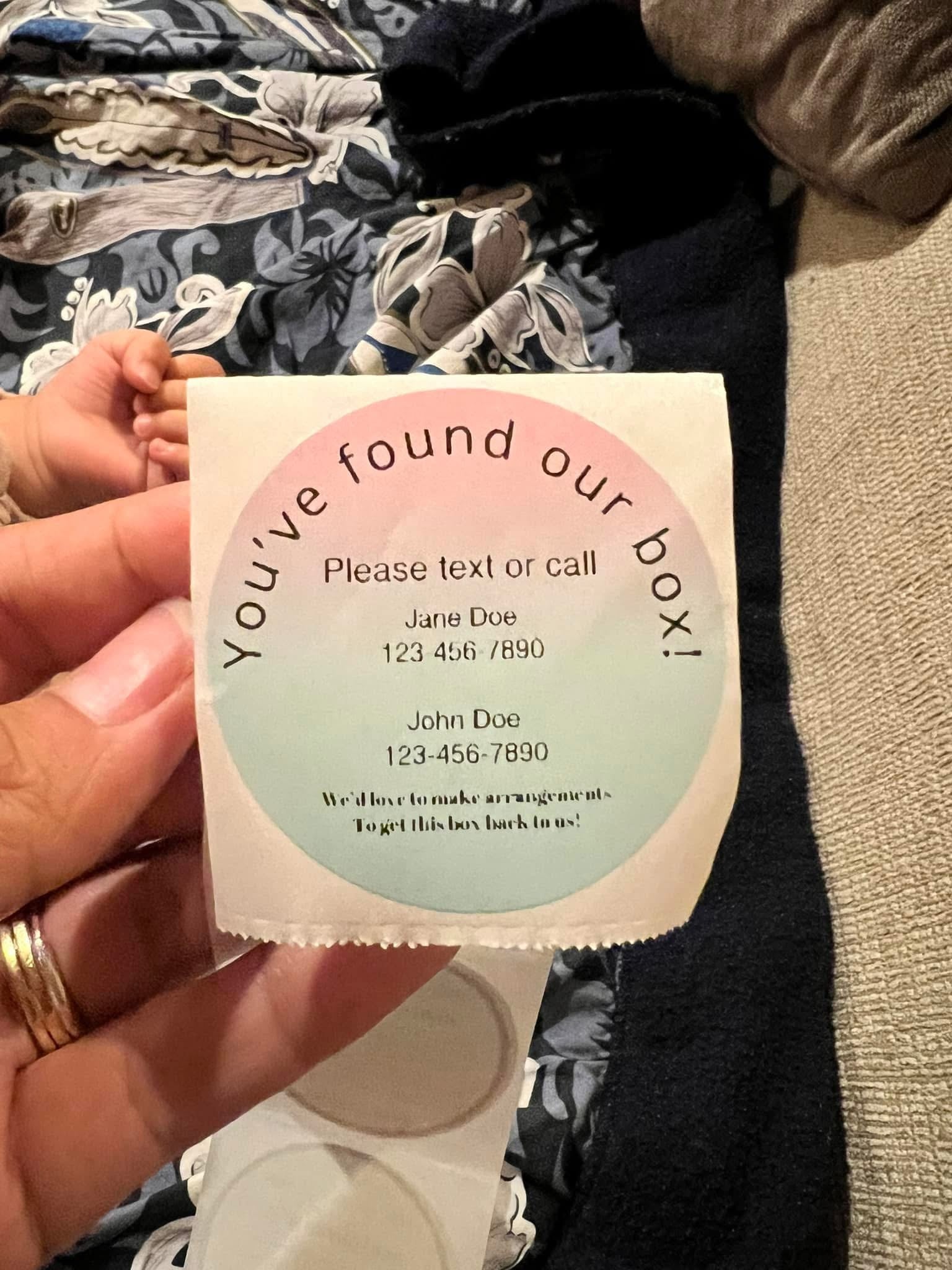 Custom round personalized PCS sticker label with contact information held in hand — Simply Love LLC