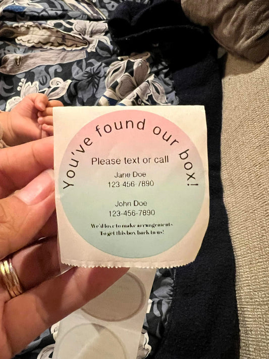 Custom round personalized PCS sticker label with contact information held in hand — Simply Love LLC