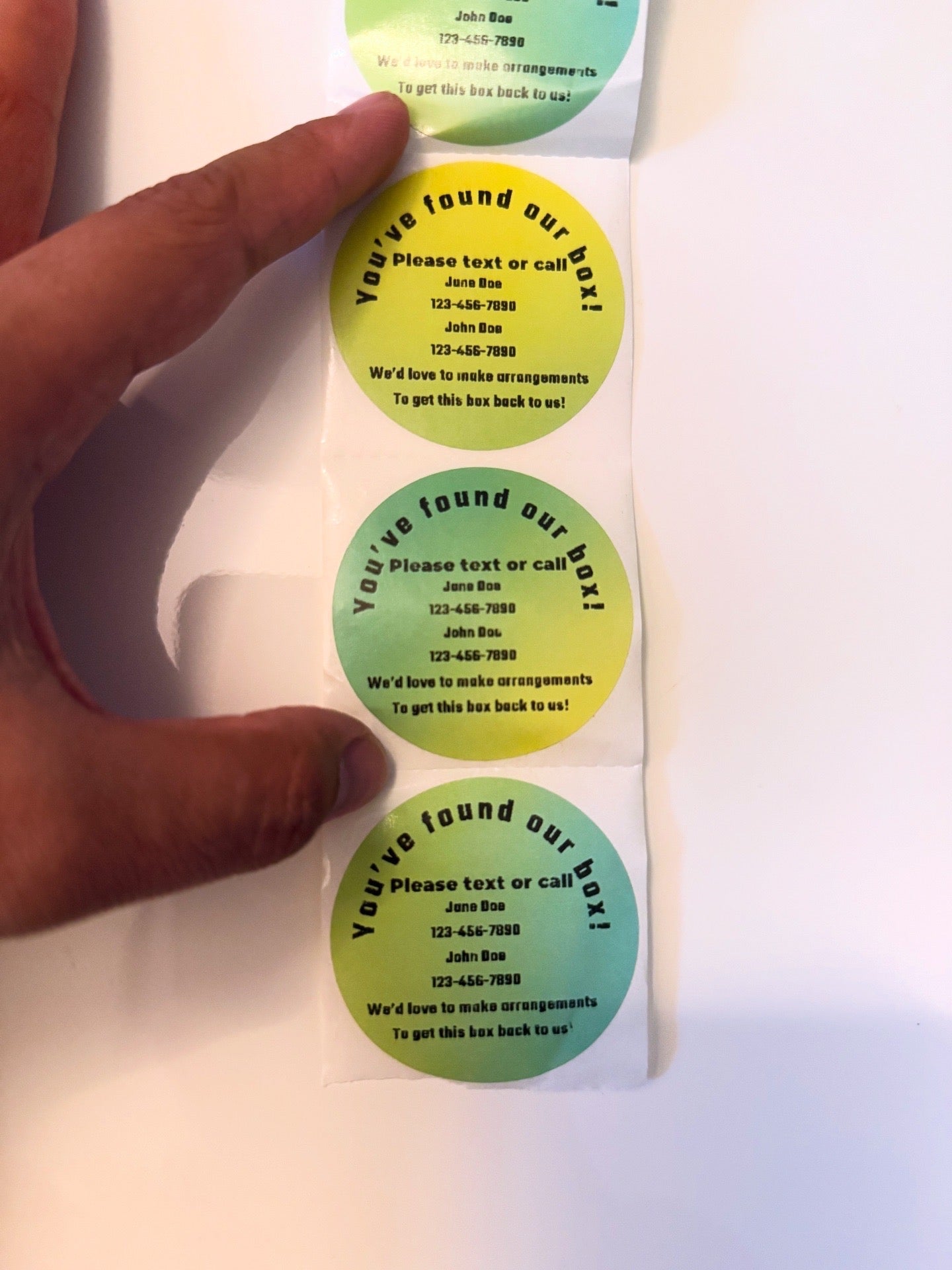 Custom round PCS sticker labels with personalized contact information on green gradient background — Simply Love LLC