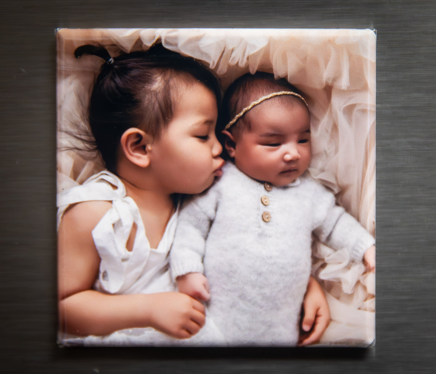 Custom square photo magnet with portrait of two siblings — Simply Love LLC