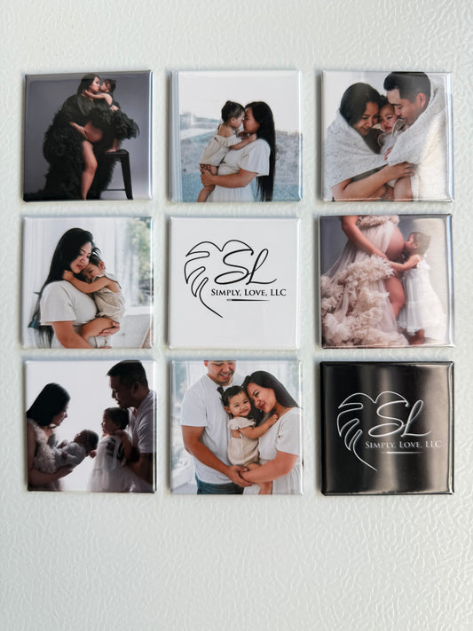 Set of 9 custom square photo magnets with family portrait photos displayed on wall — Simply Love LLC