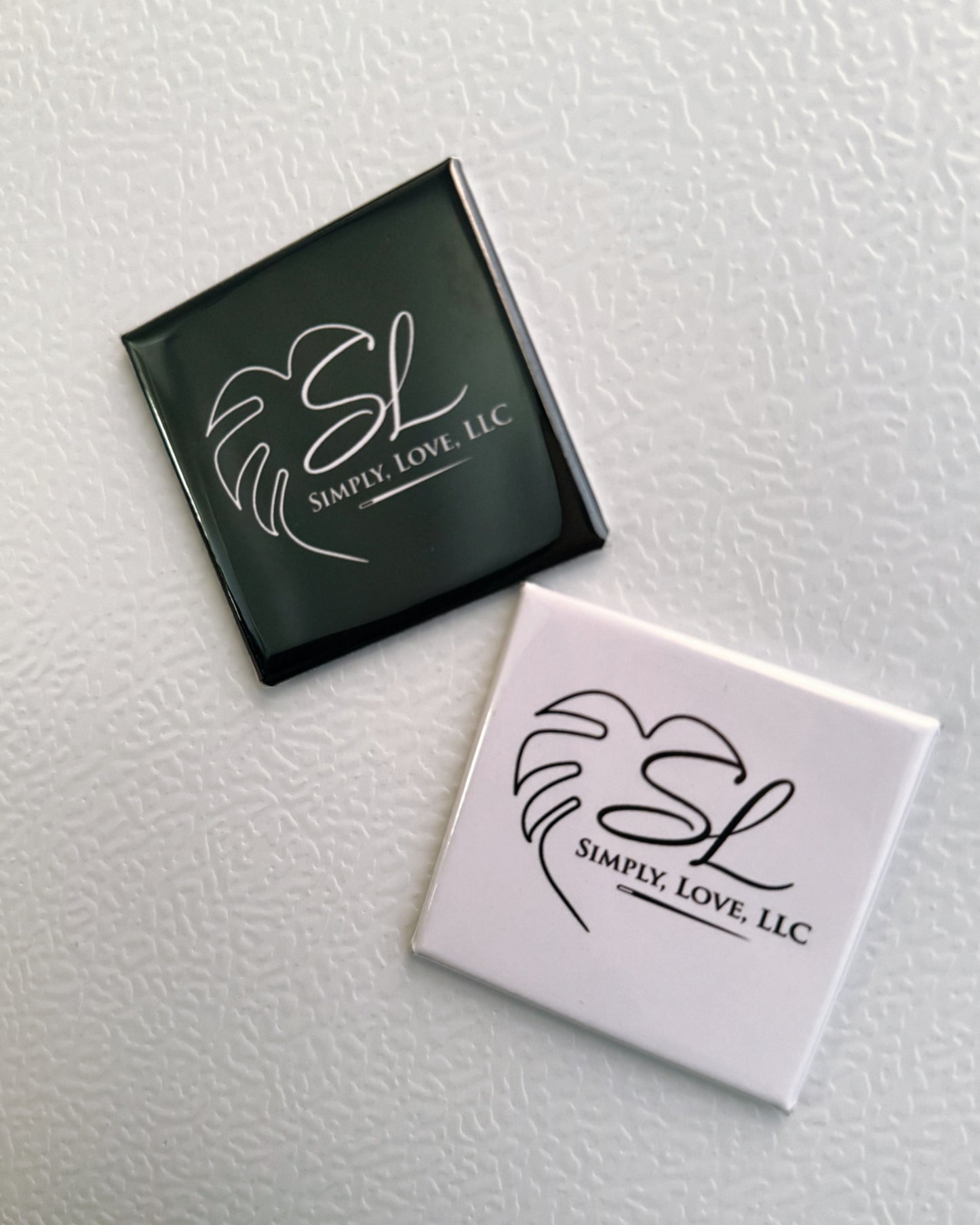 Simply Love LLC branded square photo magnets in black and white — Simply Love LLC