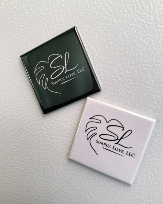 Simply Love LLC branded square photo magnets in black and white — Simply Love LLC